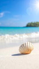 Seashell partially buried in white sand on a tranquil beach with lens flare