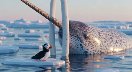  Close-up of a colossal narwhal’s spiraled tusk breaking through the crystalline Arctic ice at sunrise, with a vibrant puffin perched at its base under the pastel glow of a polar dawn, surrounded
