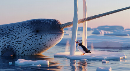  Close-up of a colossal narwhal’s spiraled tusk breaking through the crystalline Arctic ice at sunrise, with a vibrant puffin perched at its base under the pastel glow of a polar dawn, surrounded