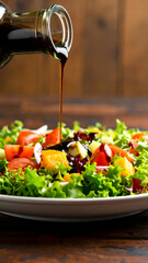 Fresh salad with tomatoes and lettuce on a white plate with dressing being poured