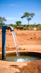 Old fashioned pipe water pump with water flowing into a metal basin