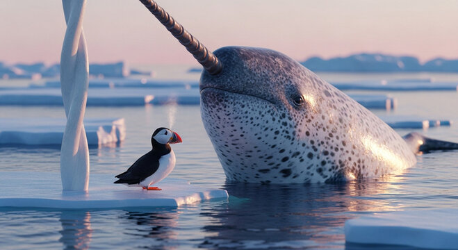  Close-up of a colossal narwhal&rsquo;s spiraled tusk breaking through the crystalline Arctic ice at sunrise, with a vibrant puffin perched at its base under the pastel glow of a polar dawn, surrounded