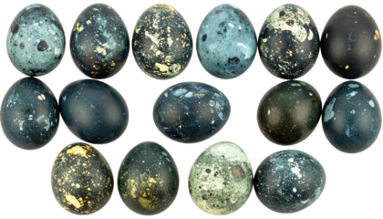  black speckled Easter eggs arranged in multiple clusters celebrating spring theme isolated on transparent background