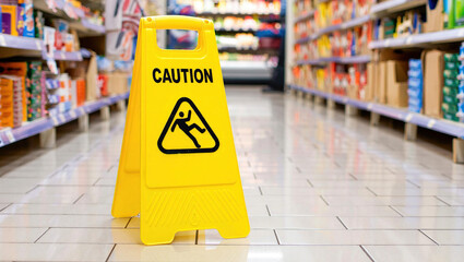 Bright yellow wet floor sign standing on shiny tiled floor in a supermarket aisle, depth of field, photorealistic lighting.