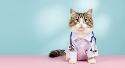 Cute cat wearing a doctor's outfit with a stethoscope, sitting on a pastel table. whimsical, with copy space and soft studio lighting