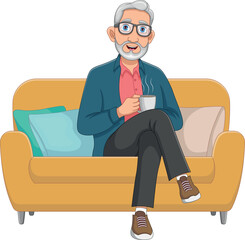 Old man is drinking a cup of coffee and sitting on the sofa