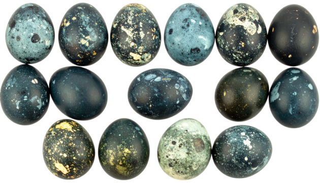 black speckled Easter eggs arranged in multiple clusters celebrating spring theme isolated on transparent background