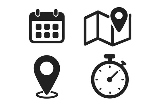 Calendar, map location, address marker, timer icons set. Date reminder, navigation pin, route planning, travel schedule, stopwatch, time management, itinerary, black vector illustration.