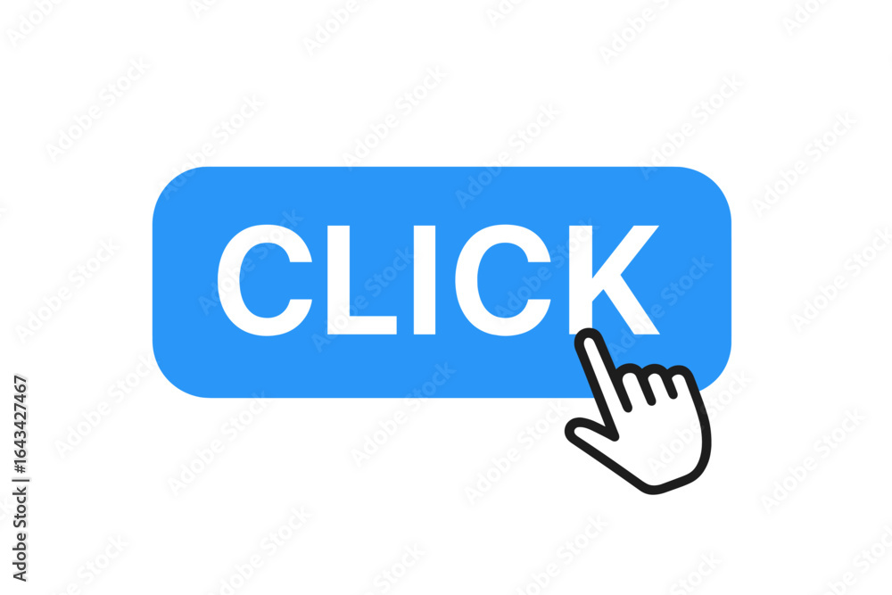 Poster click button vector graphic. computer mouse cursor hand pointer icon. blue modern web ui action butt
