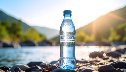 Water bottle on a lake shore with majestic mountains under daylight