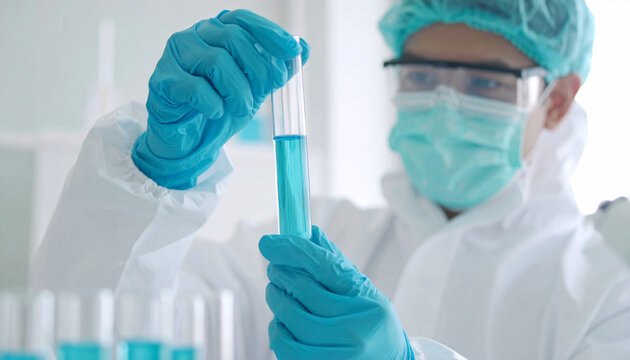 Lab Technician Analyzing Sample: A dedicated lab technician, clad in protective gear, carefully examines a test tube containing a vibrant blue liquid.