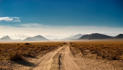 dusty pathway through vast empty plain under distant mountain haze