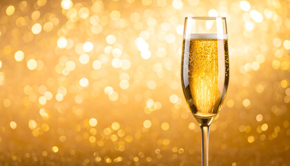 Sparkling champagne in a glass with festive bokeh lights