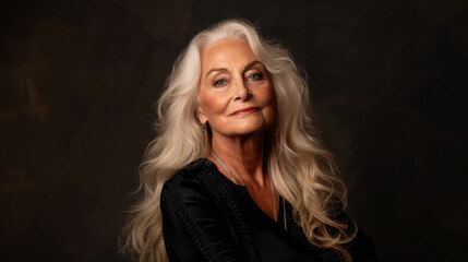 Fototapeta premium Elegant woman with long, flowing silver hair, wearing black top, gazing confidently at camera. soft lighting highlights her features, creating serene and sophisticated atmosphere