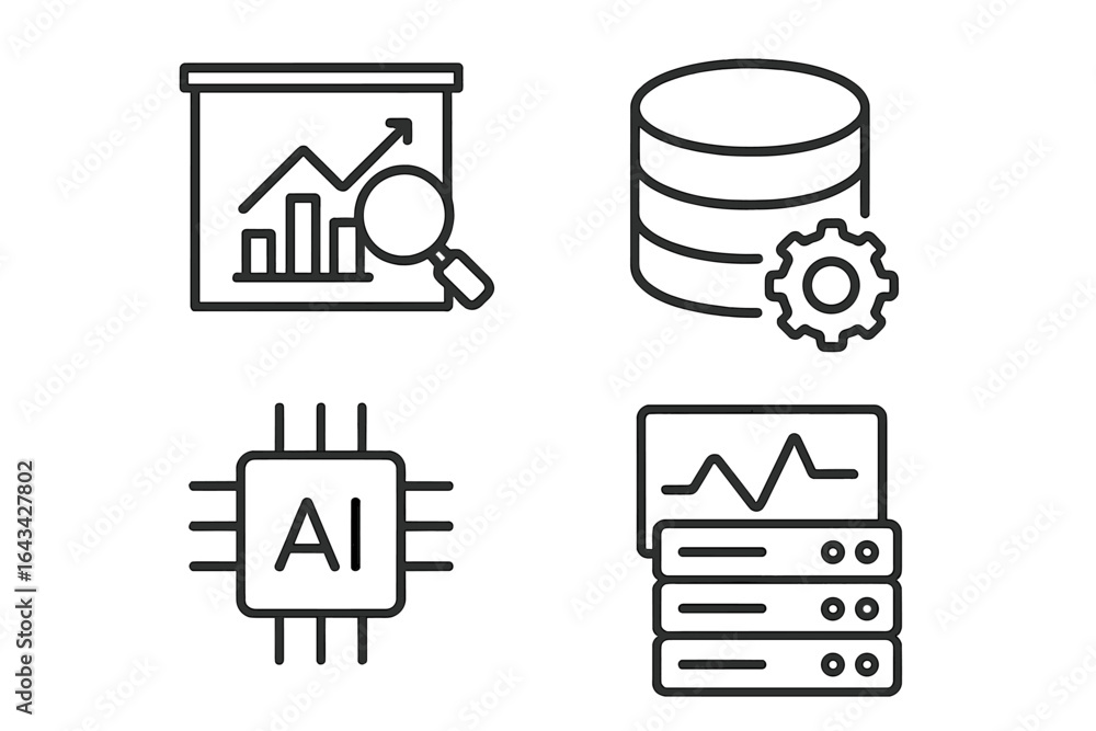 Aufkleber data analytics and artificial intelligence line icons set. business data analysis, machine learning,