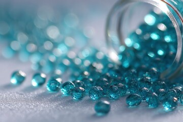 Blue beads spill from a clear jar onto a textured white surface