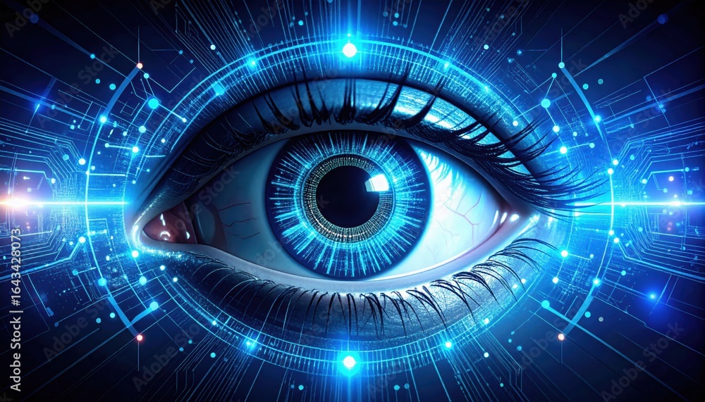 Poster a digital, futuristic eye surrounded by glowing blue circuit patterns, symbolizing technology and da