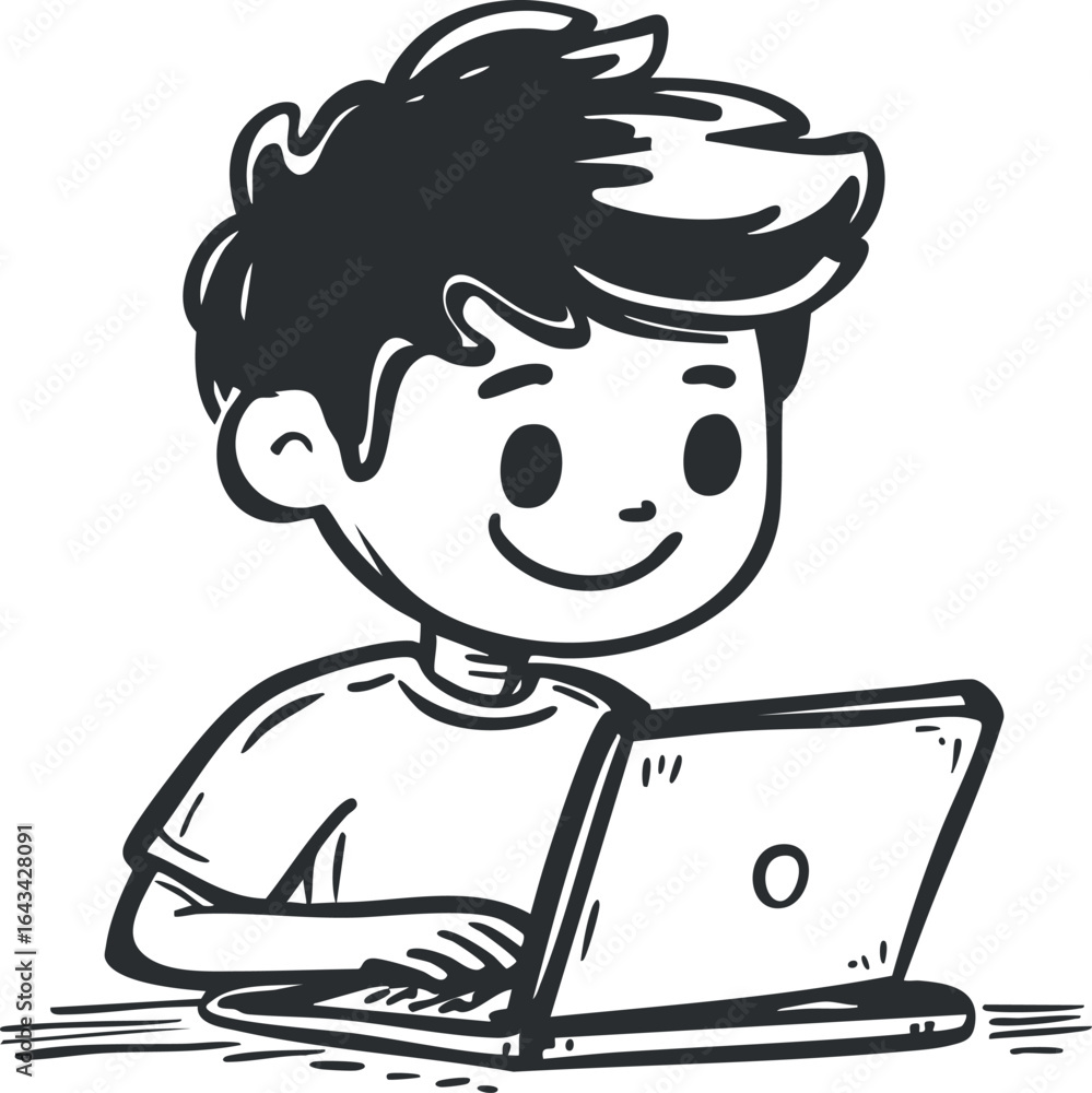 Aufkleber illustration of a happy boy using a laptop computer for learning or working on a white background