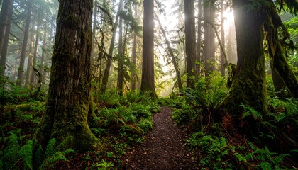 Obraz premium Lush forest path bathed in sunlight