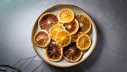 dried citrus slices on plate dehydrated orange lemon fruit food photography healthy snack vitamin c rich