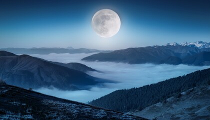 dreamy moonlit mountain landscape with fog