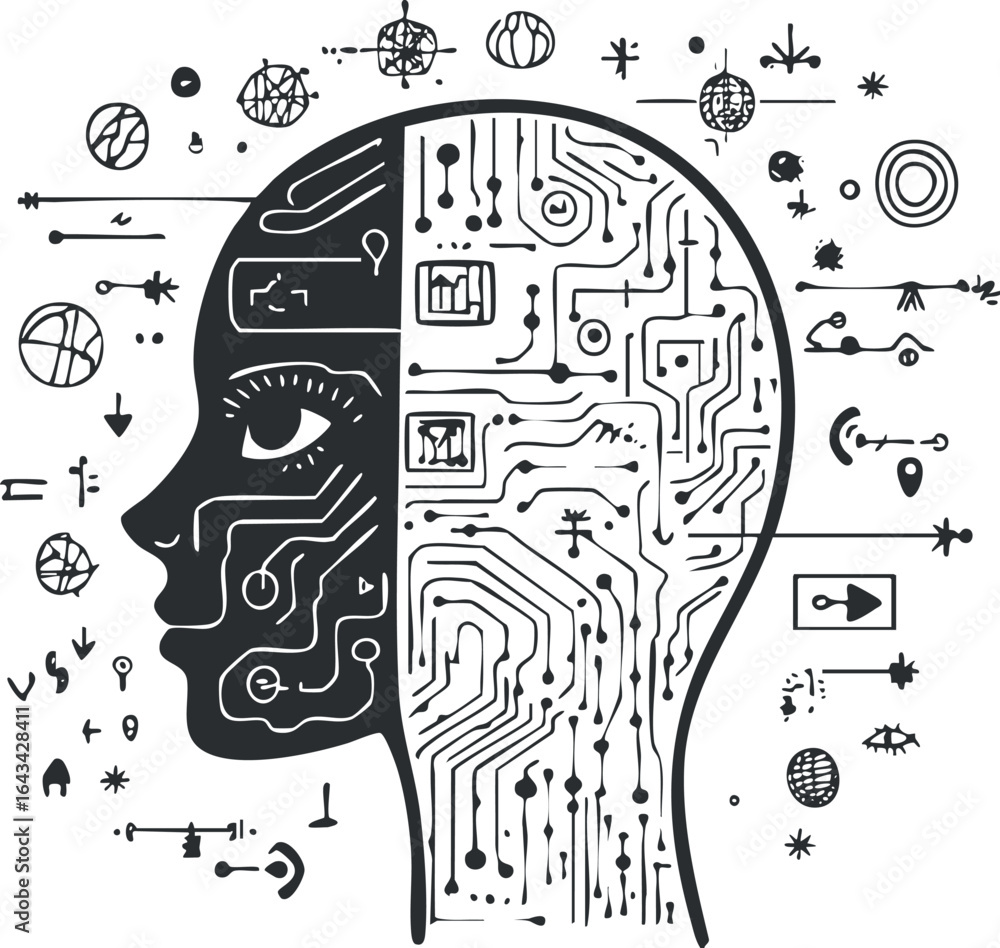 Poster abstract digital illustration of a human head profile with circuit board patterns representing artif