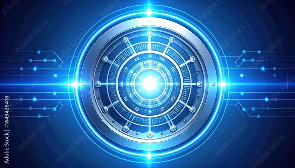 Aufkleber futuristic digital interface with a glowing circular design and blue technological elements.