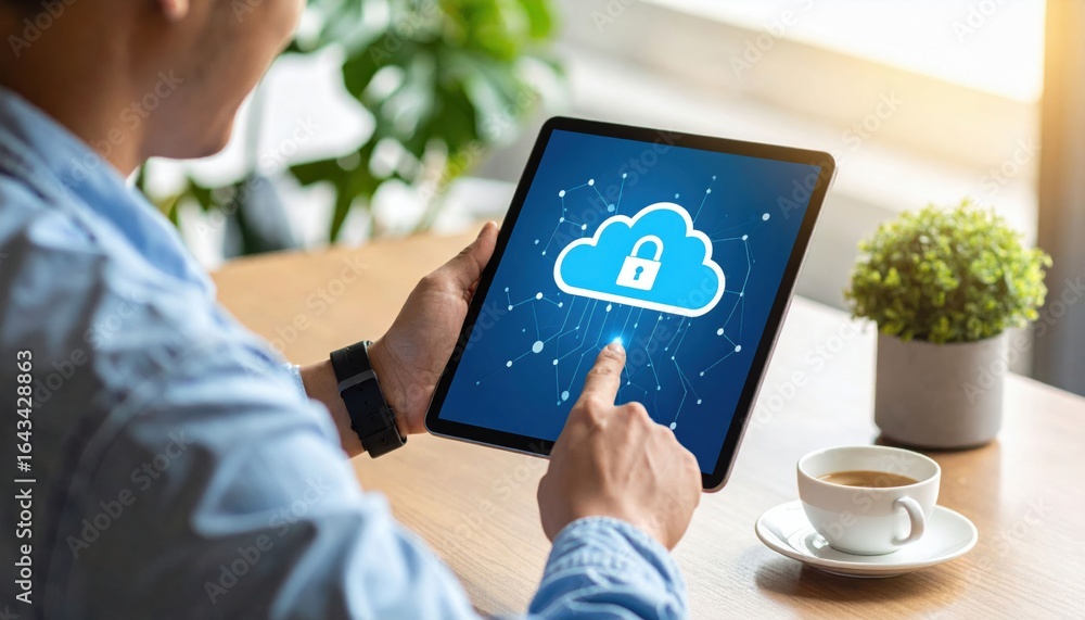Aufkleber person using a tablet with a cloud security icon, indicating data protection, at a table with a coff