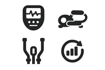 Solid elliptical machine vector icons set. Fitness equipment control panel, resistance adjustment, exercise bike pedals, handlebars, digital progress indicator. Modern gym workout features pack.