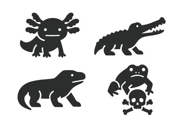 Fototapeta premium Endangered Reptile and Amphibian Icons. Solid Filled Vector Set of Axolotl, Gharial, Komodo Dragon, Poisonous Frog Symbols, Wildlife Conservation, Transparent Background