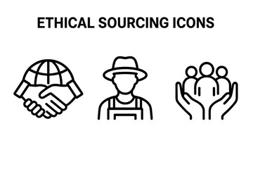 Ethical sourcing icon set. Handshake over globe for global fairness, local farmer symbol for agriculture sustainability, inclusive community support. Outline vector for responsible sourcing labels.