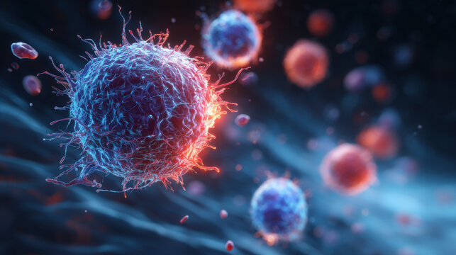 Microscopic view of immune cells, possibly a T-cell attacking a virus.