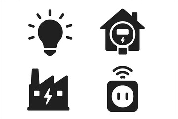 Modern energy consumption icons set. Solid vector illustrations of power usage: light bulb idea, smart home meter, factory electricity, wireless socket plug. Utility, renewable, smart grid concepts.