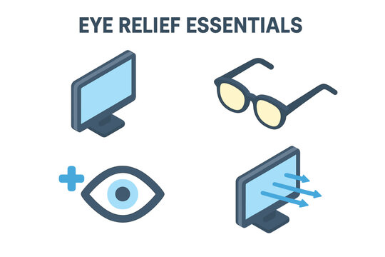 Eye strain relief essentials isometric vector set. Computer monitor, blue light blocking glasses, healthy vision, digital eye protection, prevention tips, flat icons for office workspace health.