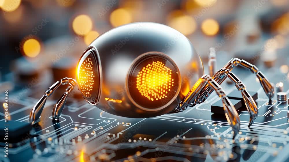 Poster futuristic circuit board with glowing robot insect featuring neon lights and technology elements