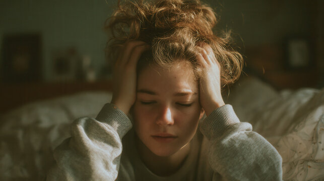 Distressed young woman with hands on her head, experiencing mental health issues.