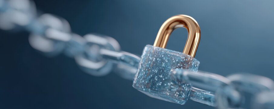 A shiny padlock secured on a blue chain link, symbolizing security and protection.