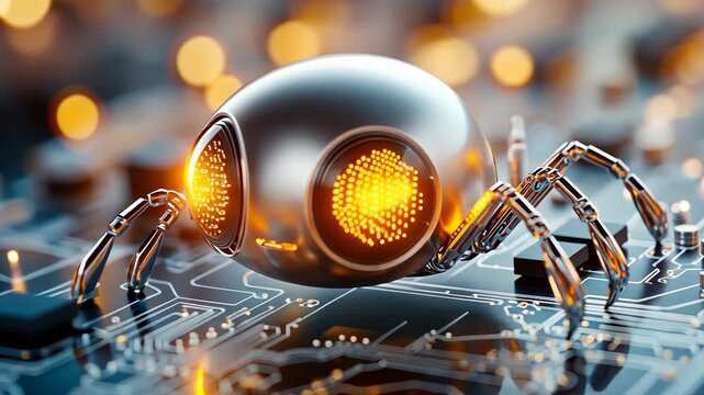 Futuristic circuit board with glowing robot insect featuring neon lights and technology elements