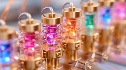 Colorful glowing vacuum tubes with gold details in a vintage electronic setup.