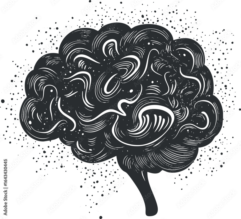 Poster black and white abstract illustration of a brain with artistic swirling lines and dots representing 