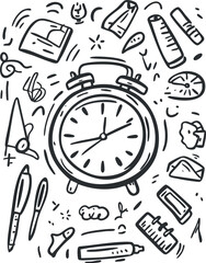 Black and white hand-drawn sketch of a classic alarm clock surrounded by various small objects and symbols.