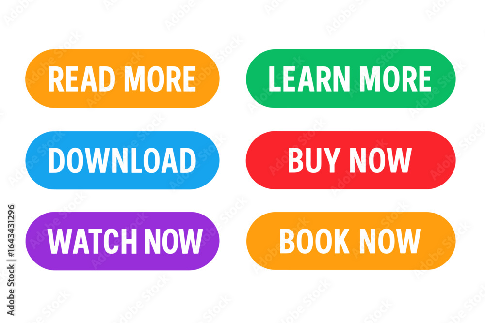 Poster call to action button set for web and apps. colorful rounded buttons with text: buy now, book now, d