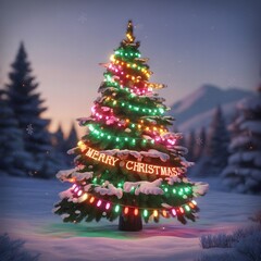 Snow-Covered Christmas Tree with Colorful Lights and "Merry Christmas" Banner, Winter Wonderland Scene, Festive Holiday Background