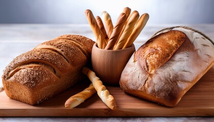 delicious healthy baked brown and white bread and grissini breadsticks on a wooden board for a fresh snack or meal appetizer
