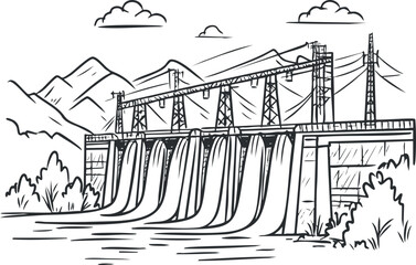 Obraz premium Black and white illustration of a hydroelectric dam with water flowing and mountains in the background