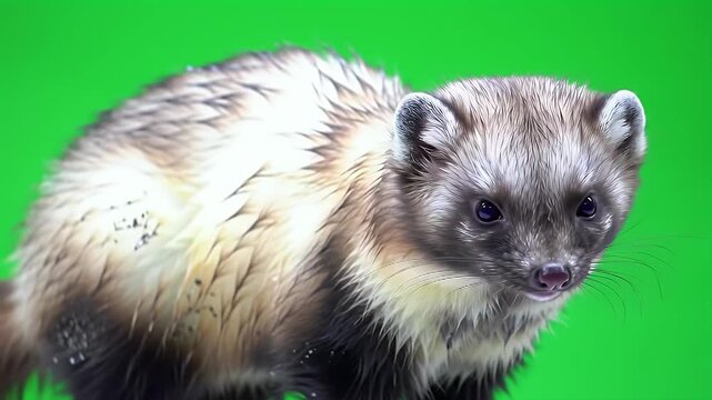 Wolverine (Gulo Gulo) Portrait on Green Screen Background. Wild Mustelid Animal with Wet, Grizzled Fur Looking Directly at Camera, Isolated for Com...