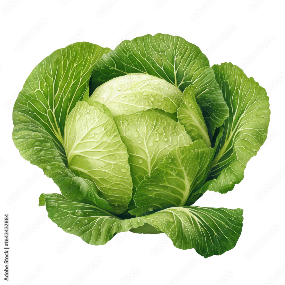 Poster fresh green cabbage with water droplets on leaves in a rustic setting for healthy eating and culinar
