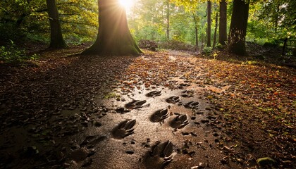deer footprints marking muddy woodland ground scattered autumn leaves soft sunlight filtering through forest canopy