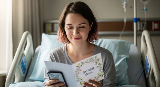 Young woman reading a get well soon card in a hospital bed

Keywords: 