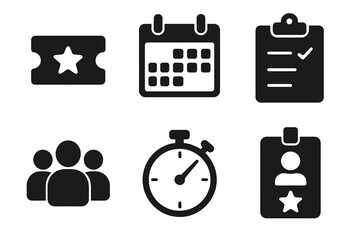 Solid Event Management Icons Set. Ticket, Calendar, Clipboard, Stopwatch, Crowd, ID Badge. Vector Illustration for Planning, Scheduling, Organization, Attendance, Timers, Admission, Participant Badge.